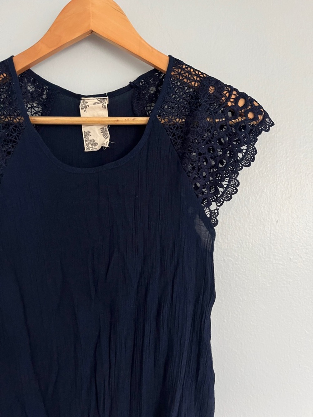 Gauze Crinkle Lace Shoulder Back Button Blouse